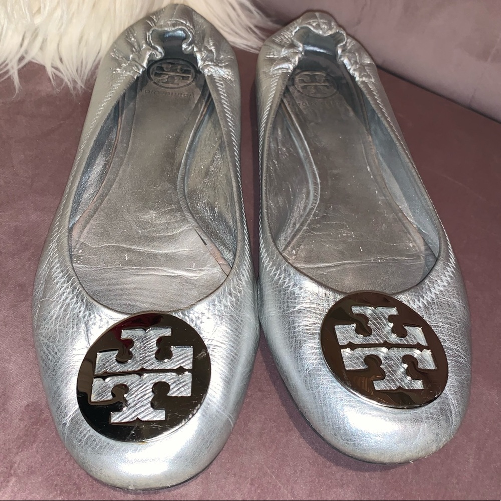 Tory Burch Revas Flats Shoes 12 Silver Snake Print